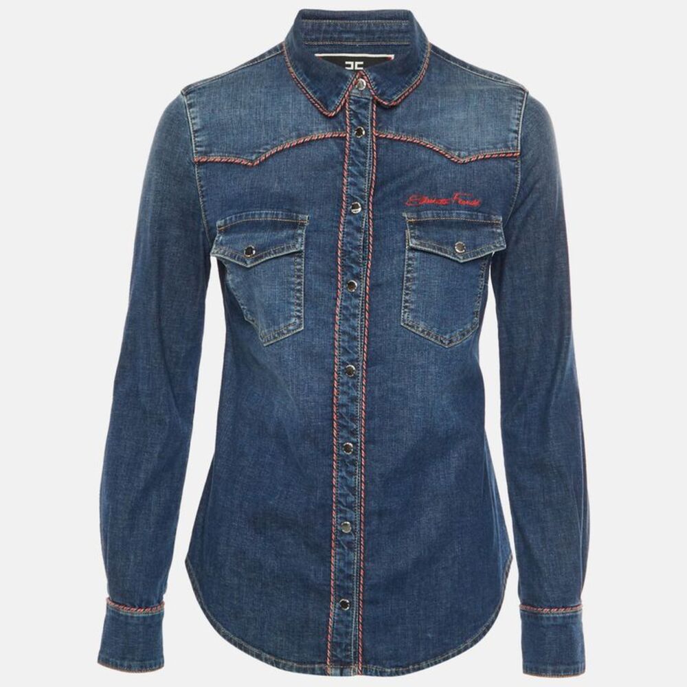 Elisabetta Franchi Blue Logo Embroidered Denim Piped Shirt M